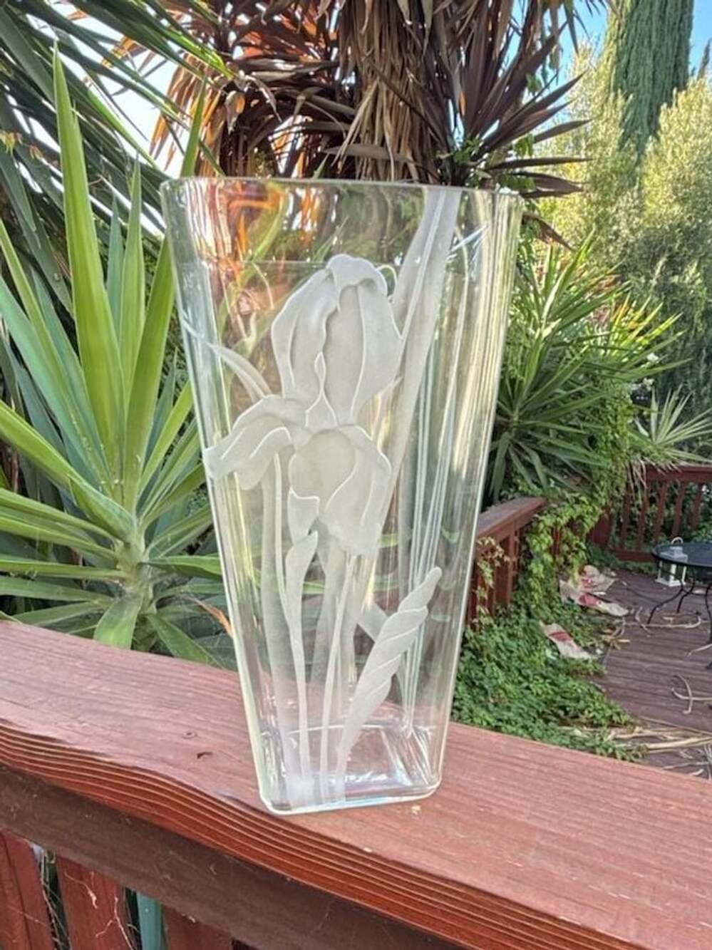 Vintage Dorothy Thorpe Etched Iris Clear Glass Vase, 10” Tall - Beautiful!